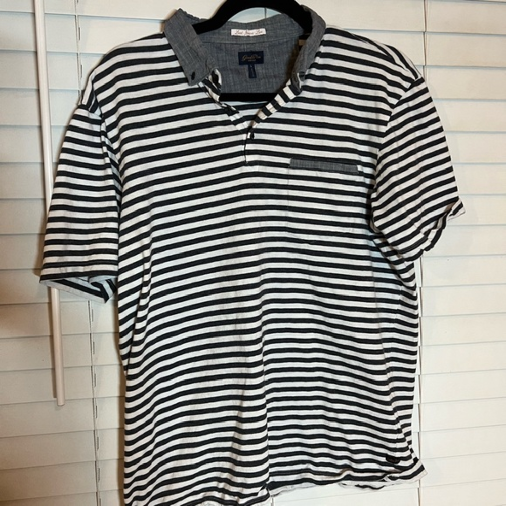 Good Man Brand Mens Large Black White Striped Short Sleeve Polo Shirt Pocket